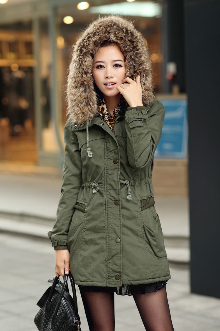Green Womens Winter Coats Faux Fur Lining Parka With Fur Hood on Luulla